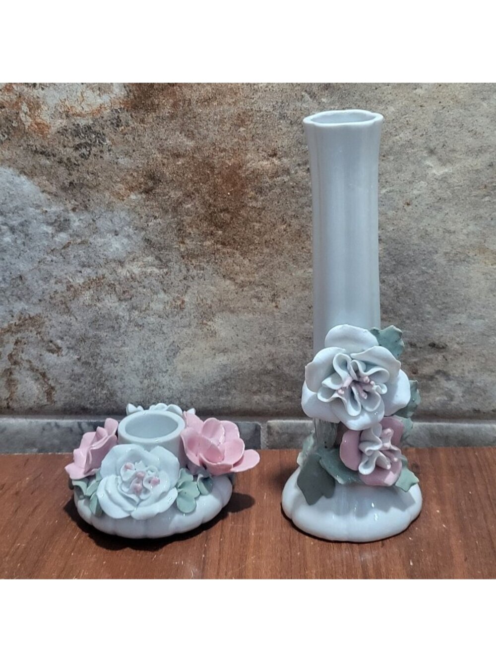 VTG Interpur Porcelain Decor Lot Bud Vase Candle Holder 3D Applied Pink Roses